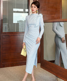 Lady's coco ロングドレス キャバドレス セクシー ブルーチェック タイトワンピース デザインリボン スリット入り 上品 スタイル 二次会 披露宴 上品  LW2-JY56009