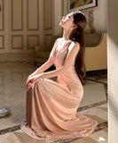 Lady's coco ロングドレス キャバドレス セクシー シャンパンピンク 調節可能 ディープV バックレス ツイストデザイン ギャザー入り 誕生日 パーティー JC2-XHY919295