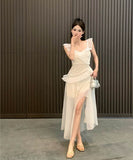 ロングドレスフリルカワセクシーコーデ万能ふわふわ旅行着痩せ気質SNS話題大人可愛い WQ2-XKD-D426-2935-May5