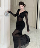 Lady's coco ロングドレス キャバドレス セクシー ストーン 深Vネック シースルー タイト マーメイドワンピース LW2-OYF8722