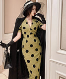 ロングドレスパフスリーブ水玉柄エレガントセクシー通勤韓国っぽハイウエスト着痩せVネック WQ2-ZED883562A71