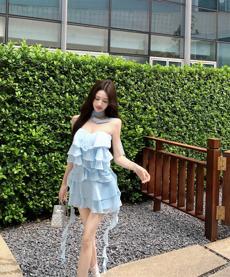 2点セット】ミニドレスセクシーベアトップフリル大人可愛い 2点セット】ミニドレスセクシーベアトップフリル大人可愛い