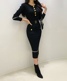 【2色】Lady's coco ロングドレス キャバドレス セクシー クルーネック 長袖 バイカラー ニットワンピース ポケット付き ウエストリボン LW2-DD6031