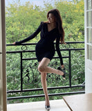 【2色】ミニドレス キャバドレス セクシー Vネック 長袖 ボディコン タイトシルエット インナー・レイヤードにも最適 デート クラブ JC2-ZED888612BM143