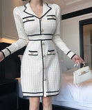 【2色】ミニドレス キャバドレス ツイード風 ニット 長袖 着痩せ バイカラー エレガント 小柄向け デート 女子会 JC2-DD5603