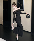 Lady's coco ロングドレス キャバドレス セクシー　オフショルダー レース切り替え セクシー スリムフィット エレガントドレス 結婚式 二次会 披露宴 パーティー 上品 LW2-DD5922