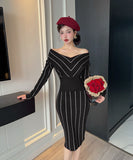 【5色】膝丈ドレス キャバドレス 上品Vネック 配色 ニットワンピース エレガント 大人可愛い ツイード風 長袖 JC2-DD5603