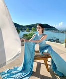 Lady's coco ロングドレス キャバドレス セクシー 肌見せデザイン カットアウト ウエスト ハイスリット ドレープ ライトブルー パーティー バースデー イベント JC2-XHY918251