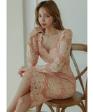 膝丈ドレス キャバドレス セクシー ボディコン きれいめ 大人可愛い 韓国風 Vネック レース ペンシルスカート JC2-ZED887201A71