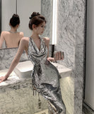 ロングドレスキャバドレスキラキラホルターネック谷間見せイベント高級感華奢感ナイトドレスセクシー誕生日パーティー宴会 WQ2-ZED883589HS109