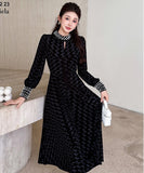 【ロング＆ミニ】ヘップバーン風 ベロアドレス ビジュー 上品 デート 女子会 LW2-DD6026