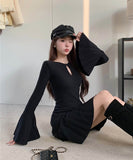 【2色】 ミニドレス キャバドレス セクシー ヘプバーン ニットワンピース トランペットスリーブ フレアスカート Aライン お出かけ デートLW2-OYF64044