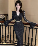 【3色】ロングドレス キャバドレス セクシー Vネック レース切り替え タイトワンピース ベルト付き 上品 シルエット LW2-DD6011