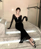 Lady's coco ロングドレス キャバドレス セクシー レースタイトドレス Vネック 上品 シルエット 二次会 披露宴 パーティー 女子会 LW2-OYF8726