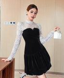 【秋冬新作】 ミニドレス キャバドレス セクシー フレンチフェミニンドットチュール切り替え ベロア素材 ウエストマーク 上品 着痩せ ドレス風 レディース フレンチフェ ドットチュール切り替え  ウエストマーク 上品 着痩せレディース デート LW2-JY21889