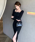 ロングドレス セクシー バックレス スリット入り タイトワンピース 長袖 エレガント パーティー デート クラブ 指名 JC2-ZED881206DXH348B