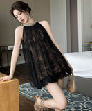 手作りドレスミニドレスチュールレースキラキラノースリーブセクシーセレブ風着痩せ気質宴会パーティー WQ2-JY91689