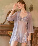 ルームウェア ランジェリー セクシー バタフライ刺繍 リボン メッシュ素材 プラスサイズ ガウン付きセット JC8-GR6311