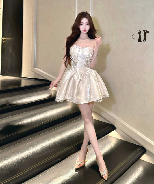 ミニドレス キャバドレス セクシー エレガント ビスチェ風 フレンチ風 パフスカート ウエストマーク 高見え レース×パール装飾 パーティー JC2-DD5746