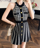 【2色】ミニドレス オードリー風 ホルターネック ニット エレガント Ａライン ウェストシェイプ 痩せ見え デート パーティー JC2-MLS8378