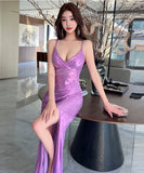 【3色】ロングドレス キャバドレス セクシー Vネック スリット入り タイト マーメイドワンピース 披露宴 二次会 パーティー お呼ばれ LW2-OYF9757