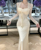 Lady's coco ロングドレス キャバドレス セクシー レース切り替え リボン付き フェイクツーピース タイトマーメイドワンピース ウエストシェイプ パーティー 二次会 披露宴 デート LW2-OYF5693