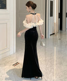 【2色】 ロングドレス キャバドレス セクシー ベロア マーメイドドレス ビジュー 仕上げ ウエストシェイプ シルエット 二次会 パーティー 披露宴 上品 LW2-OYF8731