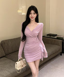 【4色】ミニドレス キャバドレス セクシー タイトミニワンピース 長袖 ショート丈 ボディコン LW2-DD5875