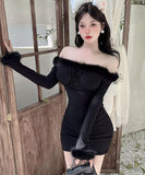 【3色】ミニドレス キャバドレス セクシー クリスマス フェザー オフショルダー ウエストマーク タイトシルエット 長袖 デート JC2-DD6108