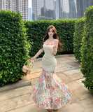 ロングドレスキャミワンピ花柄マーメイドドレスレース旅行セクシー韓国っぽ個性感 WQ2-DD4859