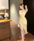 ミニドレスキャバドレスホルターネックセクシー非対称フリルバックレスドレスナイトクラブパーティー WQ2-CD7-447-66940600