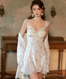 ルームウェア ランジェリー スイート系 フレアスリーブ 猫柄 ベルベット メッシュ切替 リボン JC8-GR6538