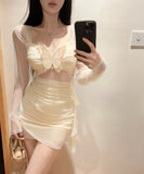 【2色】 ミニドレス キャバドレス セクシー  ナイトドレス ミニ丈 タイトワンピース オフショル Vネック リボンポイント ボディライン LW2-DD5839