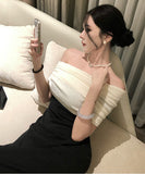 Lady's coco ロングドレス キャバドレス セクシー フレンチ風 ブラック×ホワイト バイカラー ワンショルダー ワンピース 上品ドレス デート 女子会 二次会 披露宴 パーティー LW2-XHY919306