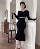 膝丈ドレス キャバドレス セクシー フェミニン ニットワンピース ラウンドネック ウエストマーク マーメイドライン 大人可愛い  デート LW2-ZED885053GT510D