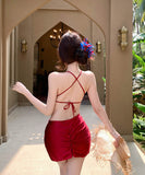 ビキニ水着体型カバーフラワーシワ着痩せ気質ホルターネックセクシーウエストカードハイウエストビーチ海 WQ7-GM-adn005