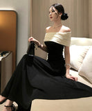 Lady's coco ロングドレス キャバドレス セクシー フレンチ風 ブラック×ホワイト バイカラー ワンショルダー ワンピース 上品ドレス デート 女子会 二次会 披露宴 パーティー LW2-XHY919306