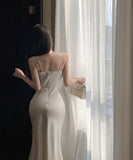 ロングドレス セクシー ホワイトサテン ホルターネック マーメイドロングドレス エレガント 結婚式のお呼ばれ パーティー JC2-XKDD200-0615A-Sep3