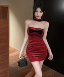 Lady's coco ミニドレス キャバドレス セクシー ベロア チューブトップ キャミワンピース ホルターネック リボン付き タイト LW2-OYF2661