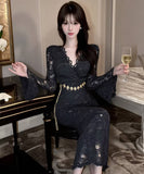 【3色】ロングドレス キャバドレス セクシー Vネック レース切り替え タイトワンピース ベルト付き 上品 シルエット LW2-DD6011