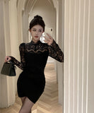 【2色】Lady's coco ミニドレス キャバドレス 清楚セクシー レースシースルー ロングスリーブ 大人可愛い 着やせ ボディコン ウエストシェイプ デート 女子会 お出かけ JC2-XKDD342-581-Sep28