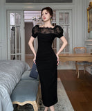 手作りドレスロングドレスレースセクシー高級感パフスリーブ宴会パーティー二次会着痩せ気質 WQ2-JY21687