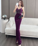 【4色】ロングドレス キャバドレス セクシー 韓国風 Vネック 細見え ベルベット キャミソール パーティー JC2-MLS7787611