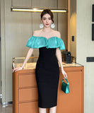 手作りドレス高級感膝丈ドレスフリルおしゃれエレガント着痩せ気質宴会パーティー WQ2-JY21140