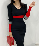 【3色】膝丈ドレス セクシー 韓国風 Vネック タイト ミディワンピ コンビカラー 出勤 デート お出かけ JC2-MLS57526258