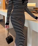 Lady's coco ロングドレス キャバドレス セクシー 秋冬新作 ニットワンピース クルーネック 長袖 ストライプ柄 タイトシルエット ミディ丈 LW2-DD6032