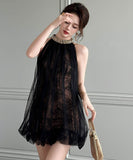 手作りドレスミニドレスチュールレースキラキラノースリーブセクシーセレブ風着痩せ気質宴会パーティー WQ2-JY91689