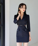 ミニドレス セクシー 韓国風 オフィスワンピ スリムフィット ウエスト見せ ストライプ タイト 出勤 お出かけ JC2-DD5678-1