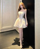 ミニドレス キャバドレス セクシー エレガント ビスチェ風 フレンチ風 パフスカート ウエストマーク 高見え レース×パール装飾 パーティー JC2-DD5746