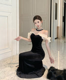 【2色】 ロングドレス キャバドレス セクシー ベロア マーメイドドレス ビジュー 仕上げ ウエストシェイプ シルエット 二次会 パーティー 披露宴 上品 LW2-OYF8731